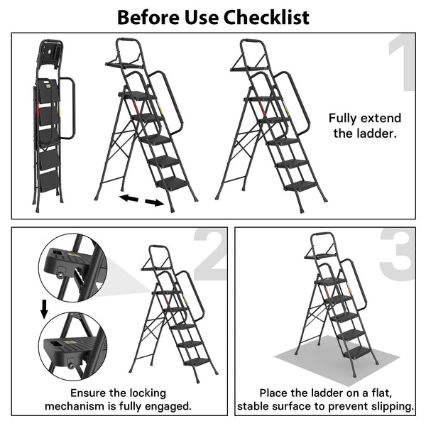 BONTEC 2 Step Ladder, Capacity 150KG with Wide Anti-Slip Pedals, Folding Steel Step Stool, Sponge Handlebar, Lightweight Portable Ladder Suitable for Home, Kitchen, Pantry, Indoor/Outdoor Use, Black
