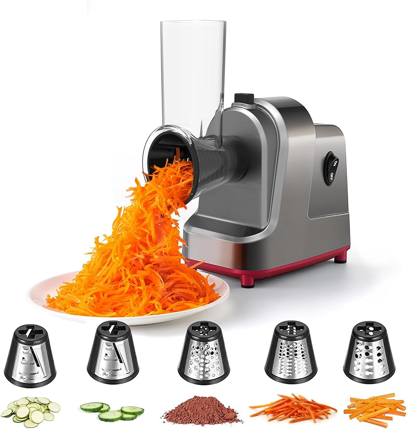 ABsuper Electric Cheese Grater Vegetable Slicer - 250W Electric Rotary Grater Chopper Salad Maker with 4 Stainless Steel Drums for Cucumber, Carrot,