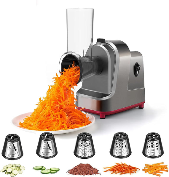 ABsuper Electric Cheese Grater Vegetable Slicer - 250W Electric Rotary Grater Chopper Salad Maker with 4 Stainless Steel Drums for Cucumber, Carrot,