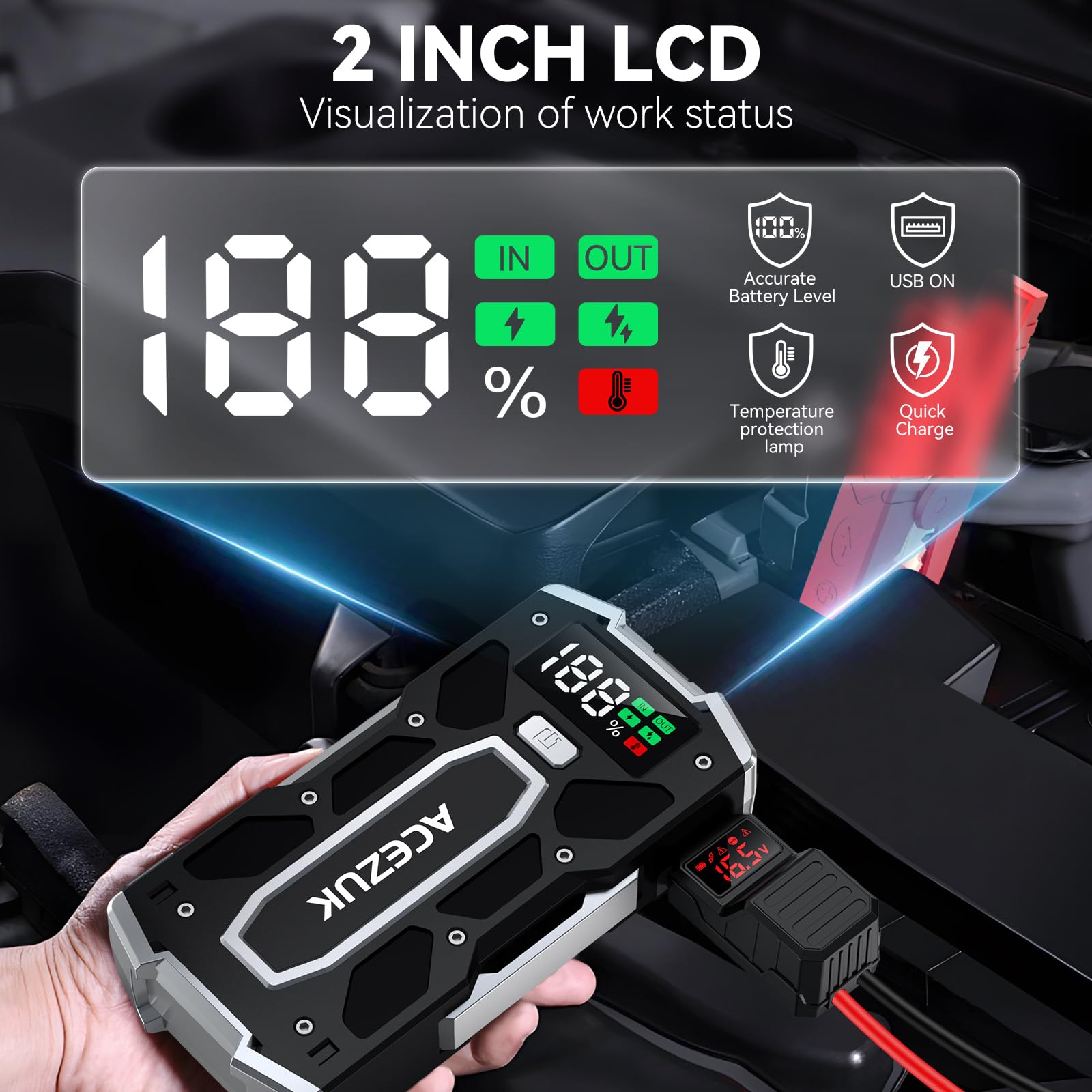 ACEZUK Battery Jump Starter Pack 5000A Car Jump Starter 12V 8-in-1 Car Battery Booster Pack Up to 7.0L Gas & 5.5L Diesel Engines Power Bank with Flashlight,Large Screen,Jump Leads