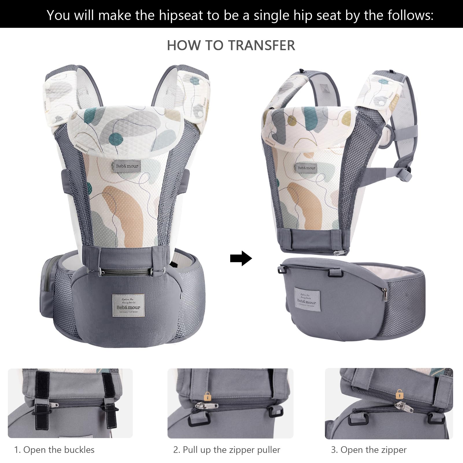 Bebamour Baby Carrier Newborn to Toddler Baby Carrier Hipseat 0-36Months with Head Hood, 3 PCS Teething Pads, Waist Extender, Grey