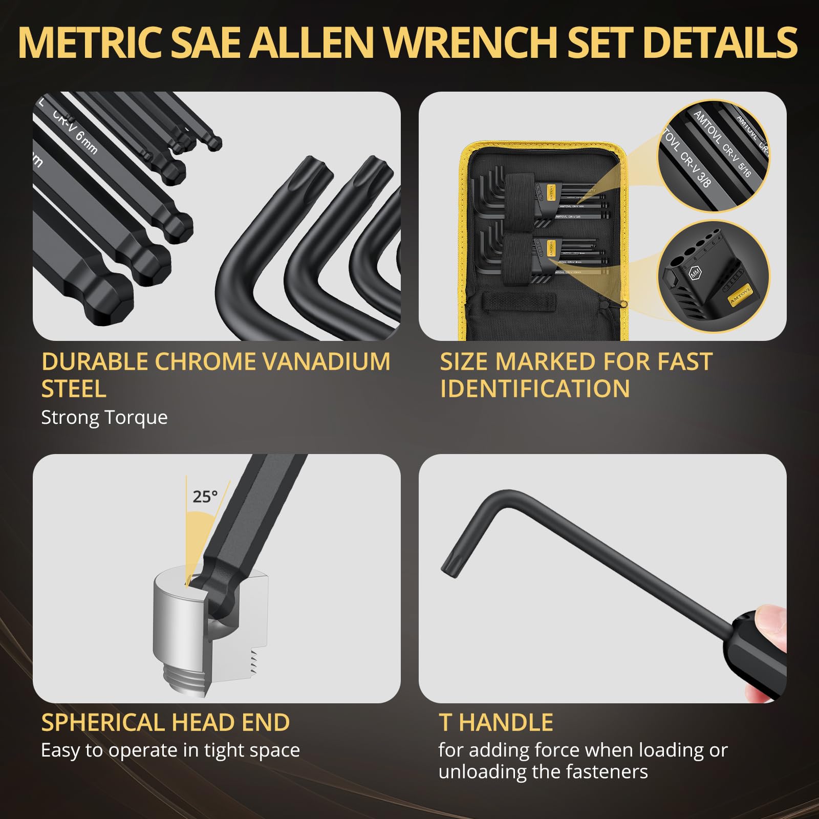 AMTOVL Hex Keys Set, 27PCS Allen Key Set & Star Key Set, Magnetic S2 Steel Metric Imperial Extra Long Ball End Hex Key Set with Color Coding with T-Handle for Bicycle Repair Household DIY