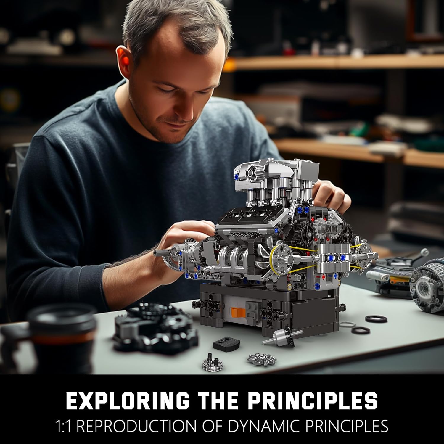 Mould King V8 Engine Building Blocks Set, 10206 Engine Model That Runs, Sports Car Engines Kit for Adults with Battery Box and Motor, Construction STEM Toy for Children Boys Girl (737 Pcs)