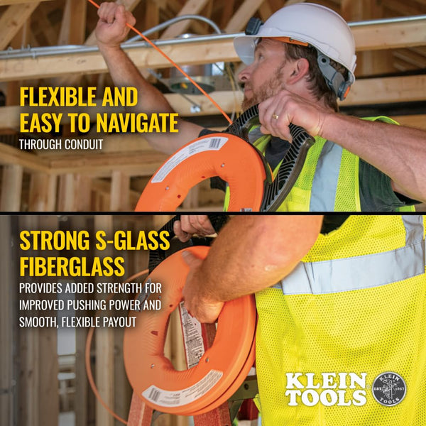 KLEIN TOOLS 56382 Fish Tape, Multi-Groove Fiberglass Wire Puller with Nylon Tip, Optimized Housing and Handle,Orange/Black, 15 m