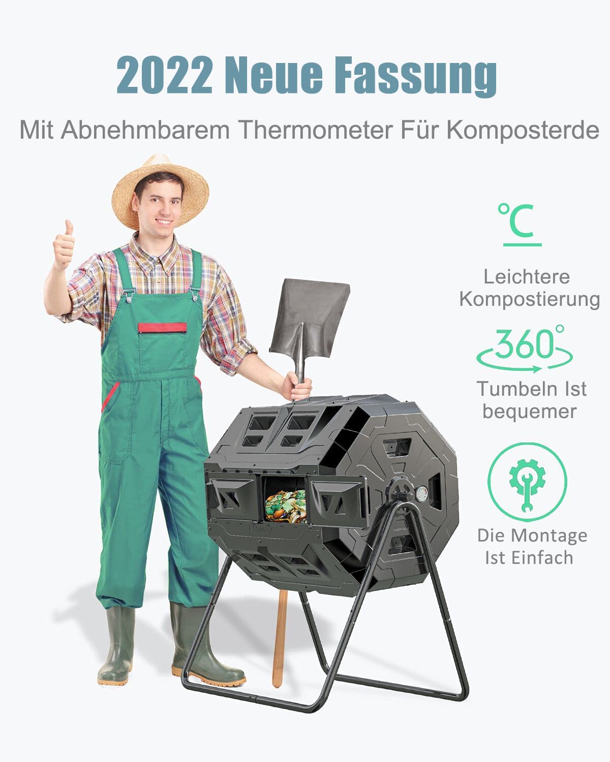 160L Upgraded Tumbling Composter with Compost Thermometer - Dual Chamber Garden Compost Bin (Green)