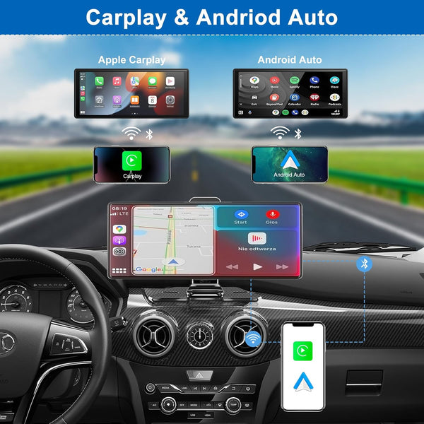 Wireless Car Stereo for Apple Car Play Android Auto with 4K Dash Cam Front, 10.26" Touch Screen CarPlay Radio, Loop Recording,1080P Rear Camera, Mirror Link,GPS Navigation,Bluetooth,64G TF,Siri/FM