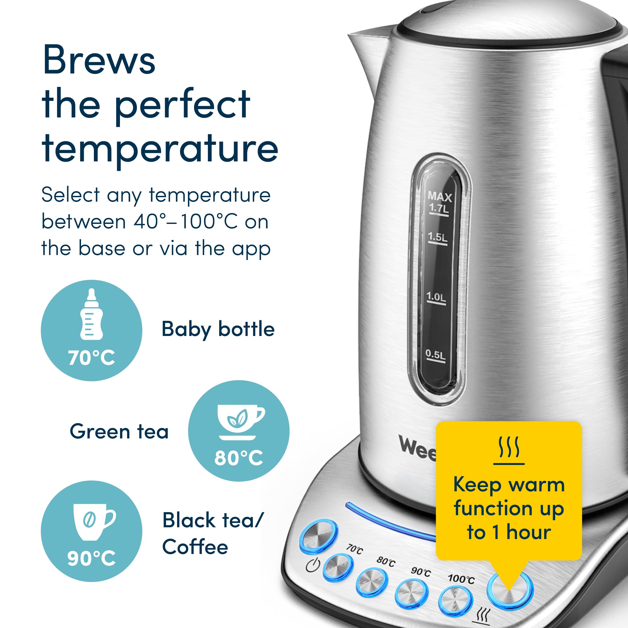 Alexa Smart Kettle, 1.7L - Smart Home Voice Control Kettle - Stainless Steel Kettle with Variable Temperature Control & Keep Warm Function - Energy