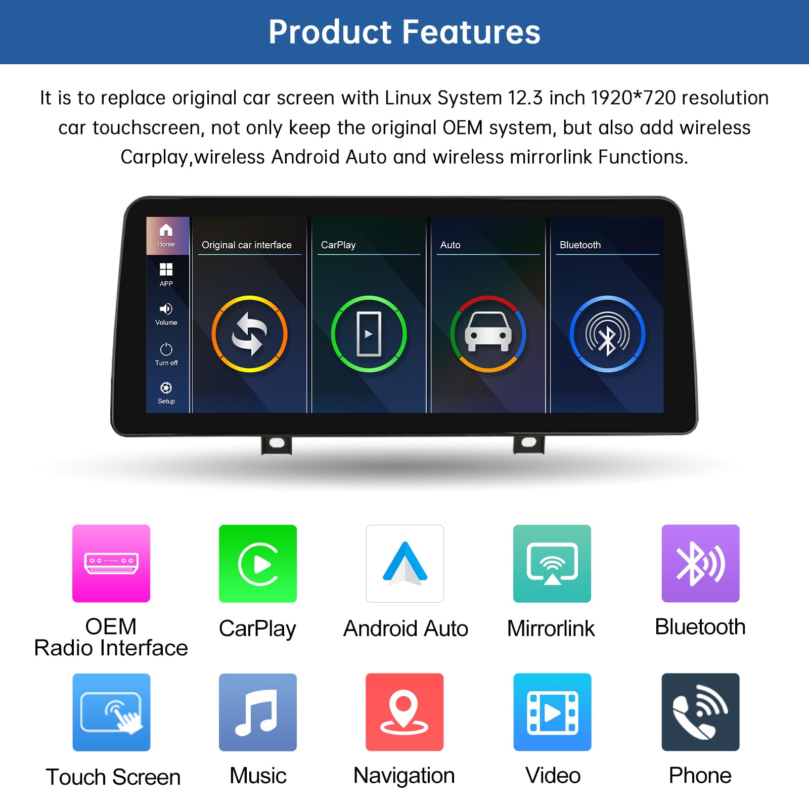 Road Top 12.3" Ultra-Narrow Touchscreen Wireless Carplay for BMW 1 & 2 Series F20/F21/F22 2013-2015 Year, Car Stereo Multimedia Radio Receiver, Support Wireless Android Auto, Mirrorlink