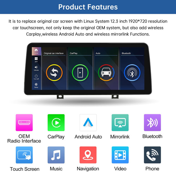Road Top 12.3" Ultra-Narrow Touchscreen Wireless Carplay for BMW 1 & 2 Series F20/F21/F22 2013-2015 Year, Car Stereo Multimedia Radio Receiver, Support Wireless Android Auto, Mirrorlink