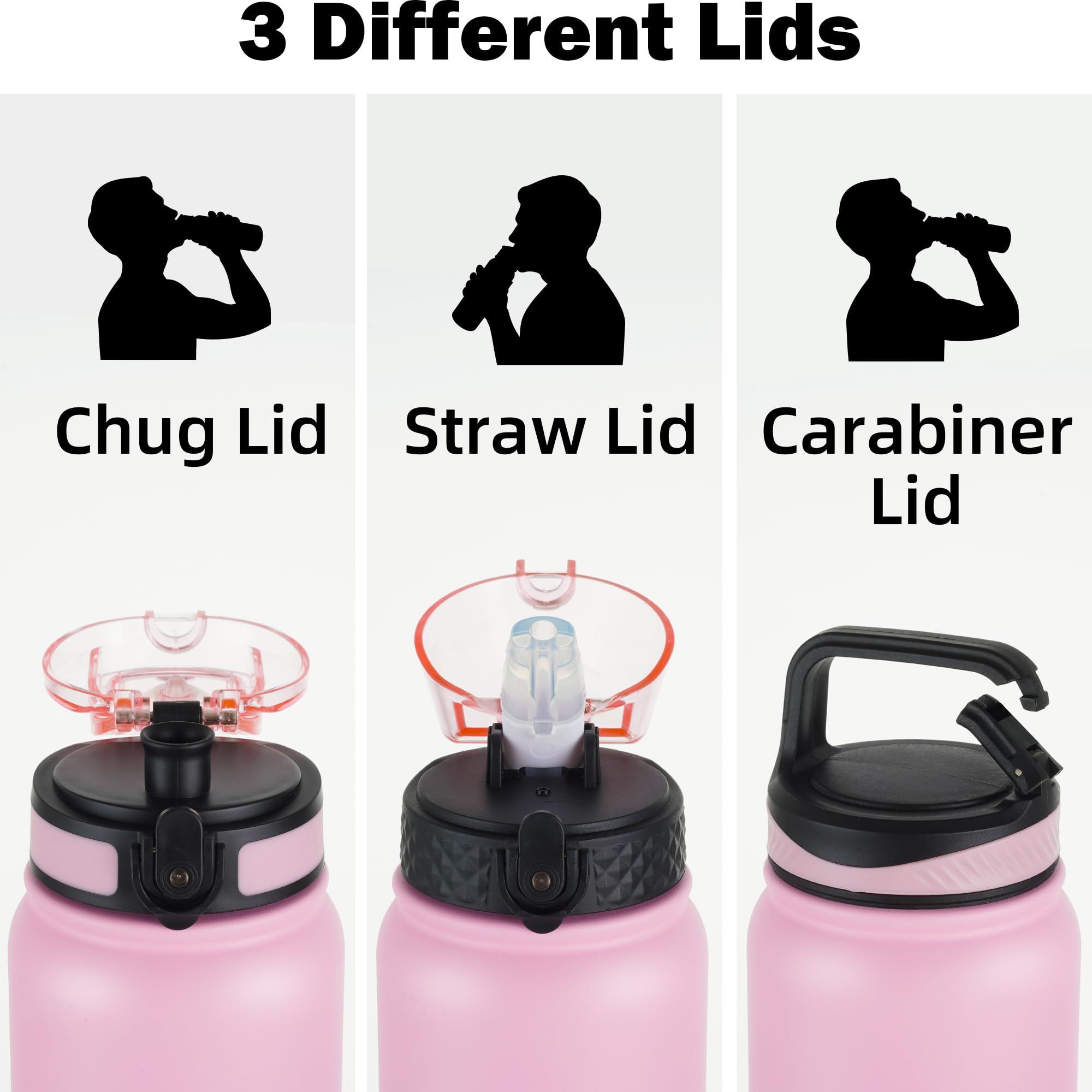 OLDLEY Stainless Steel Water Bottle with Straw 1L Vaccum Insulated Large Drink Flask Metal Water Bottles 1 Litre Leakproof Keep Drinks Hot Cold for Sports Gym with Different Lids(Purple Green, 3 Lids)