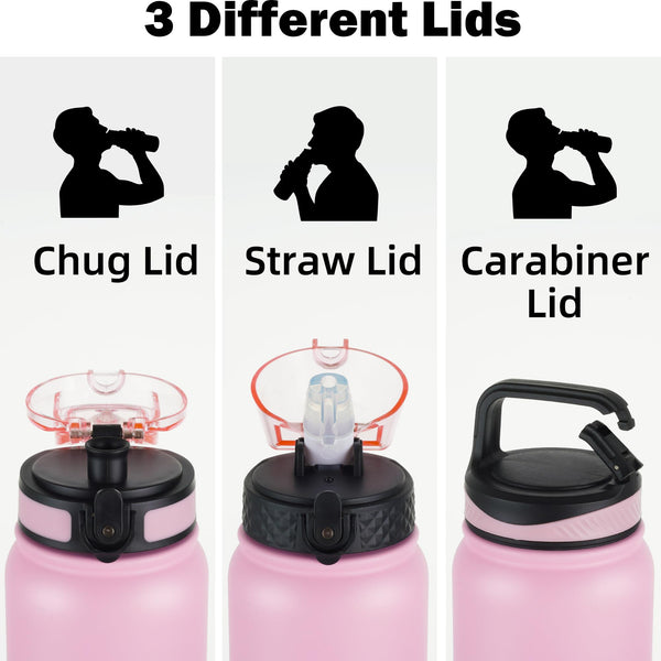 OLDLEY Stainless Steel Water Bottle with Straw 1L Vaccum Insulated Large Drink Flask Metal Water Bottles 1 Litre Leakproof Keep Drinks Hot Cold for Sports Gym with Different Lids(Purple Green, 3 Lids)