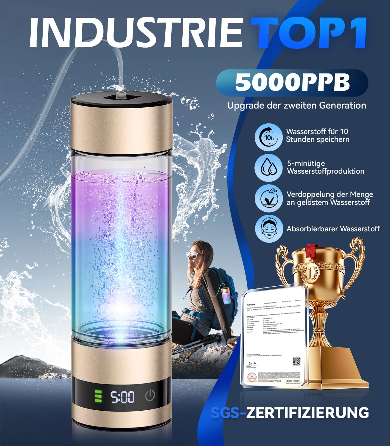 Upgrade 3-in-1 Hydrogen Water Bottle Generator - Industry TOP - 24-Hour Hydrogen Lock | 0 Chlorine & 0 Ozone | 100% Leak-Proof Seal, Hydrogen Water Bottle Generator