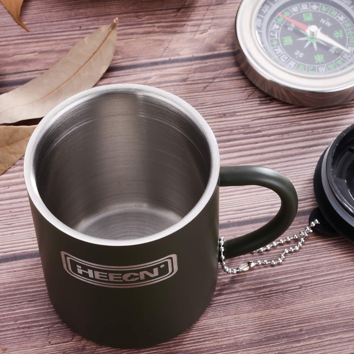 HEECN Camping Mugs - Double Walled Stainless Steel Mug for Hot Drinks with Lid - Army Green - Backpacking – Trekking – Hiking - HESS-038BG (10oz with Rotating lid)
