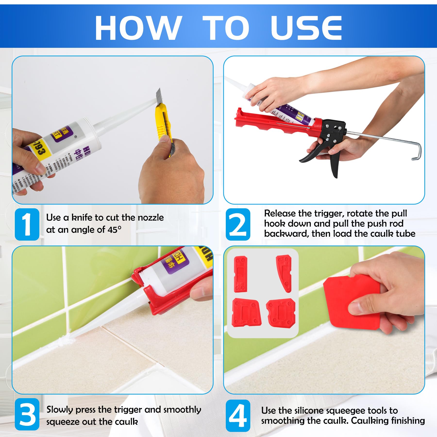 iLitLuk Drip-Free Caulking Gun Ratchet Rod Caulk Gun Applicator 15:1 Thrust Ratio Labor-Saving Lightweight Nylon Frame Cartridge Gun for 10oz/300ml Standard Caulk Tubes with Silicone Finishing Tools