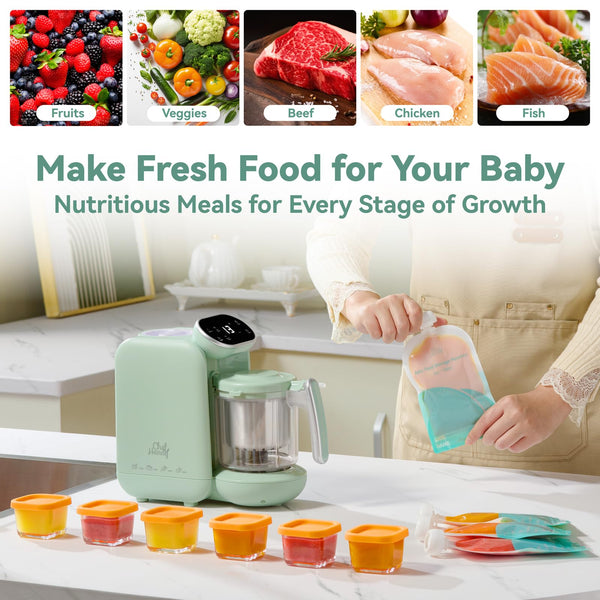 Chefhandy Baby Food Maker, 5 in 1 Baby Food Processor with Stainless Steel Steam Basket, Food Puree Maker with Steamer, Blender, Bottle Warmer Function, Auto Cooking & Grinding, Touchscreen (Green)