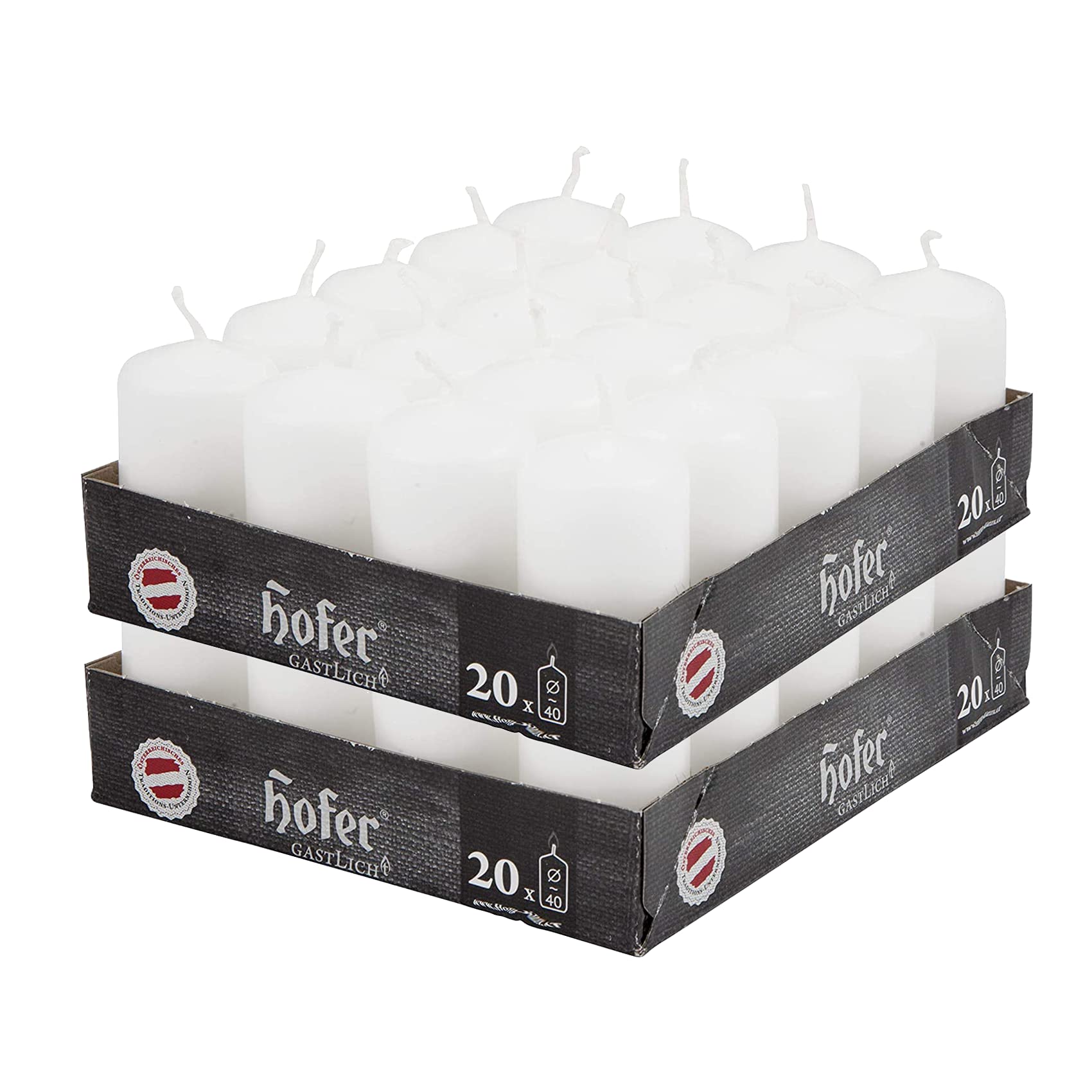 Hofer White Pillar Candles - Set of 40 Decorative Small Candles - 4 x 7 cm - 11 Hours Long Burning - Unscented - Dripless - Smokeless - RAL Quality