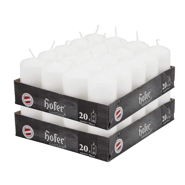 Hofer White Pillar Candles - Set of 40 Decorative Small Candles - 4 x 7 cm - 11 Hours Long Burning - Unscented - Dripless - Smokeless - RAL Quality
