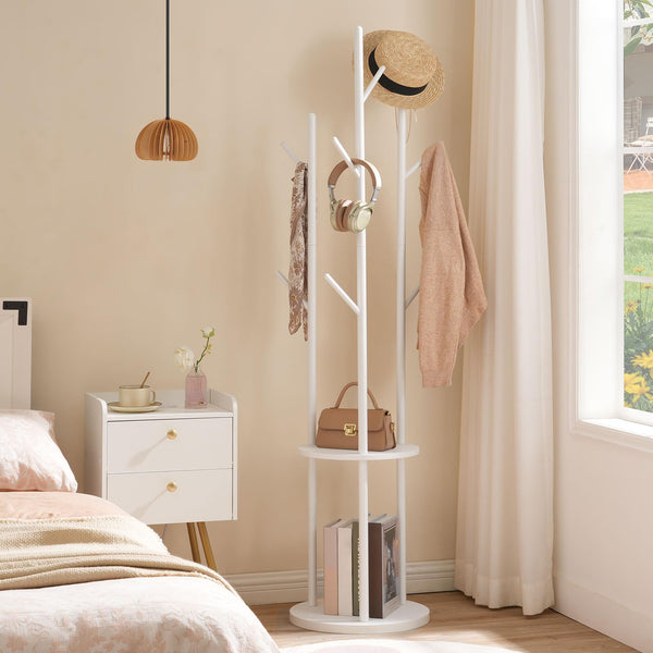 HOOBRO Coat Stand, Coat Rack for Hallway, Freestanding Coat Rack Stand with 8 Hooks, Storage Shelves, Hall Trees for Clothes, White EWT33YM01