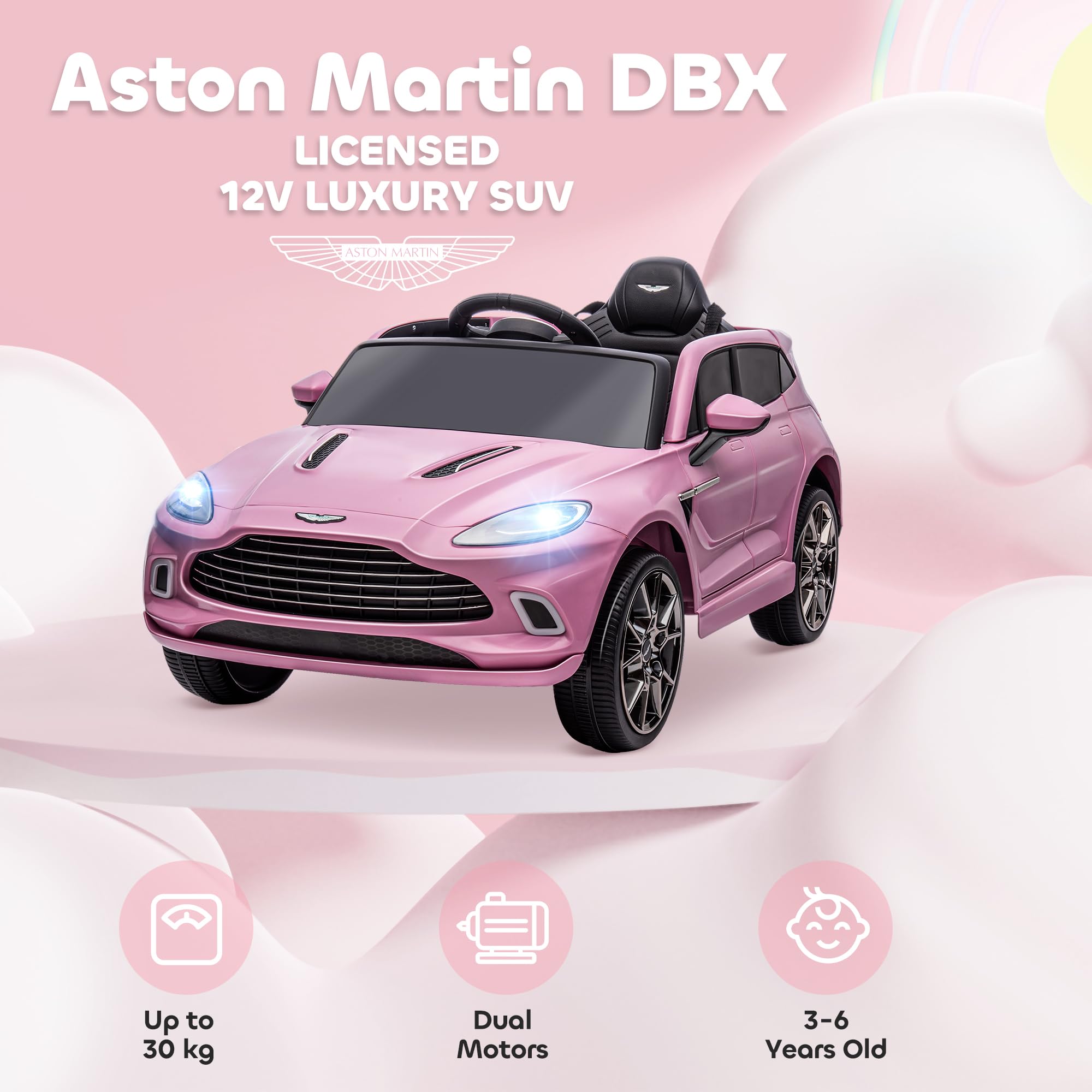 AIYAPLAY 12V Kids Electric Car, Aston Martin DBX Licensed Kids Ride on Car with Remote Control, 4 Suspension Wheels, LED Lights, Music, Horn, Slow Start, for Ages 3-6 Years, Blue
