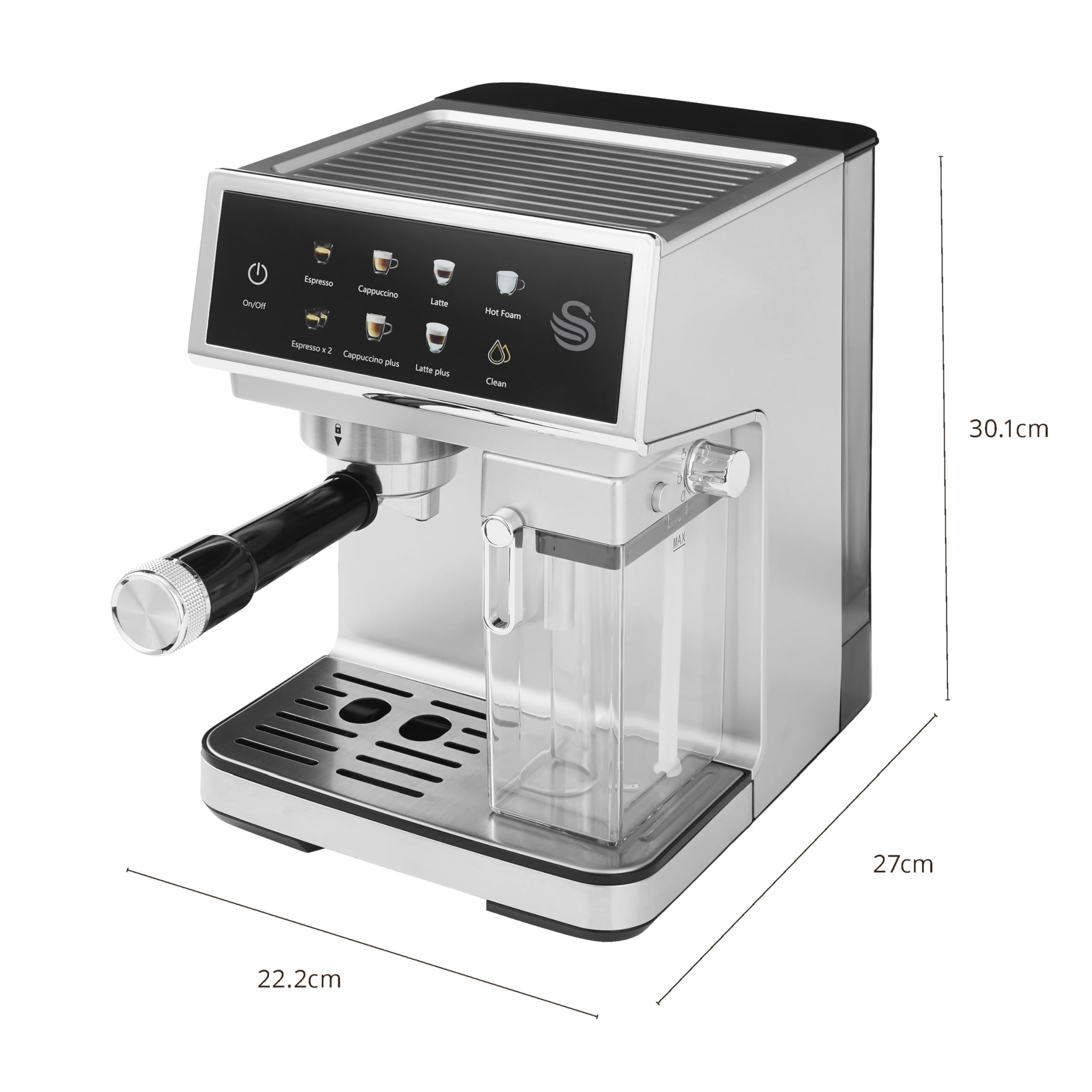Swan SK22154 Pump Espresso Digital Coffee Machine, Digital Touch Controls with 8 Pre-Sets, 20 Bar Pressure, Built-in Automatic Milk Frother with 500ml Tank, Black