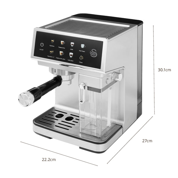 Swan SK22154 Pump Espresso Digital Coffee Machine, Digital Touch Controls with 8 Pre-Sets, 20 Bar Pressure, Built-in Automatic Milk Frother with 500ml Tank, Black