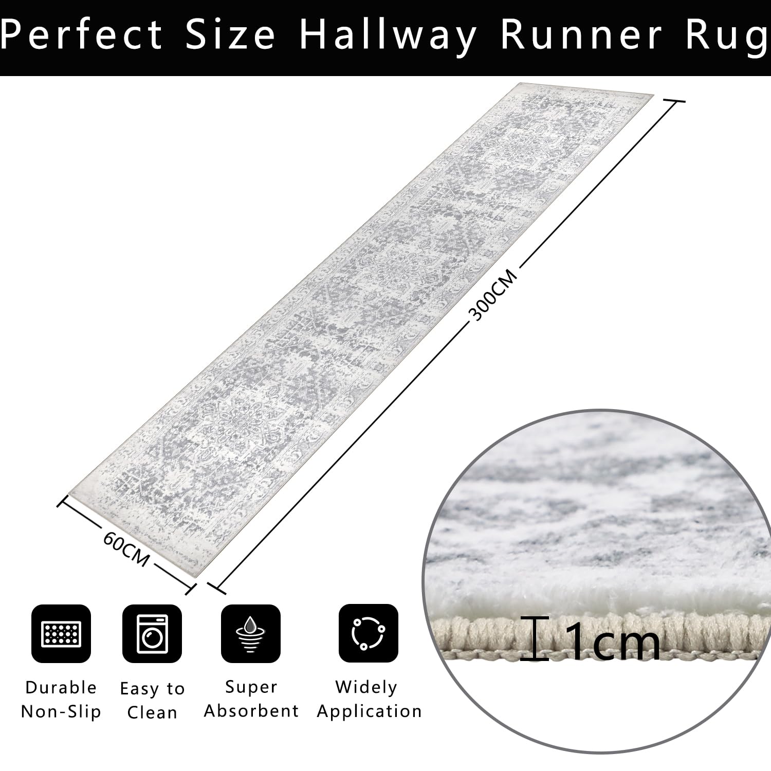 Famibay Hallway Runner 60x300cm Runner Rugs Non Slip Extra Long Carpet Runners Kitchen Rugs Washable Hall Runner Carpet Floor Mat for Hallway Entryway