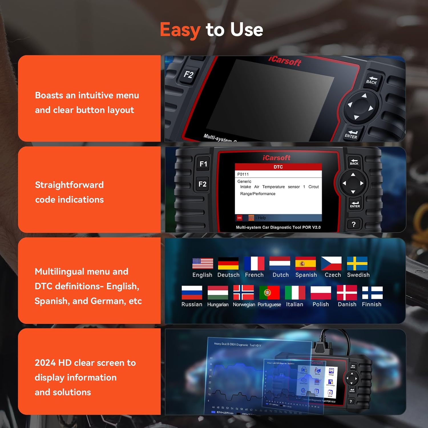 iCarsoft POR V2.0 OBD Diagnostic Tool for Porsche/Cayenne, Full Systems Diagnostic Scan Tool, OBD2 Scanner with 9 Reset Services, Oil/SAS/EPB/BMS/ETC/DP-F/BLD/INJ/TPMS, Battery Test, Free Upgrade