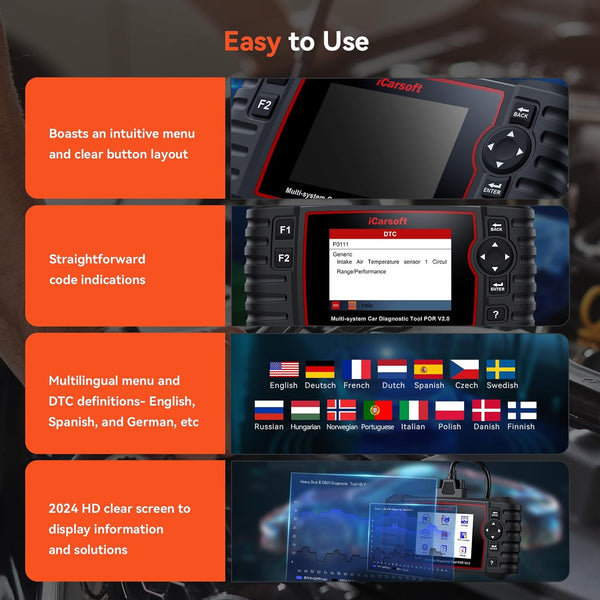 iCarsoft POR V2.0 OBD Diagnostic Tool for Porsche/Cayenne, Full Systems Diagnostic Scan Tool, OBD2 Scanner with 9 Reset Services, Oil/SAS/EPB/BMS/ETC/DP-F/BLD/INJ/TPMS, Battery Test, Free Upgrade