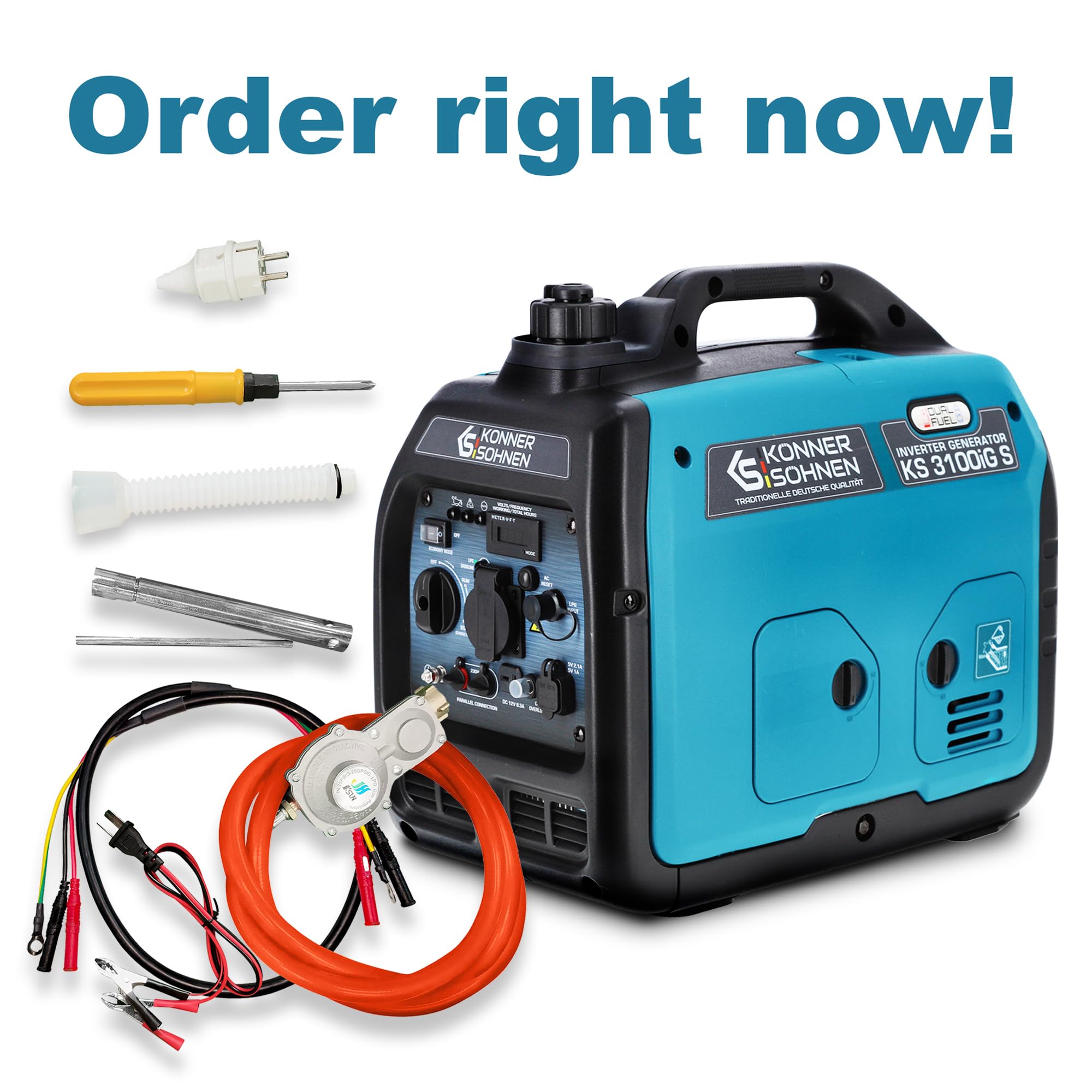 Könner & Söhnen KS 3100iG S portable LPG/petrol inverter generator 3100 W,UK Plug Socket 1x13 A (230 V), 2 USB ports,copper winding,silent inverter generator,dual fuel generator