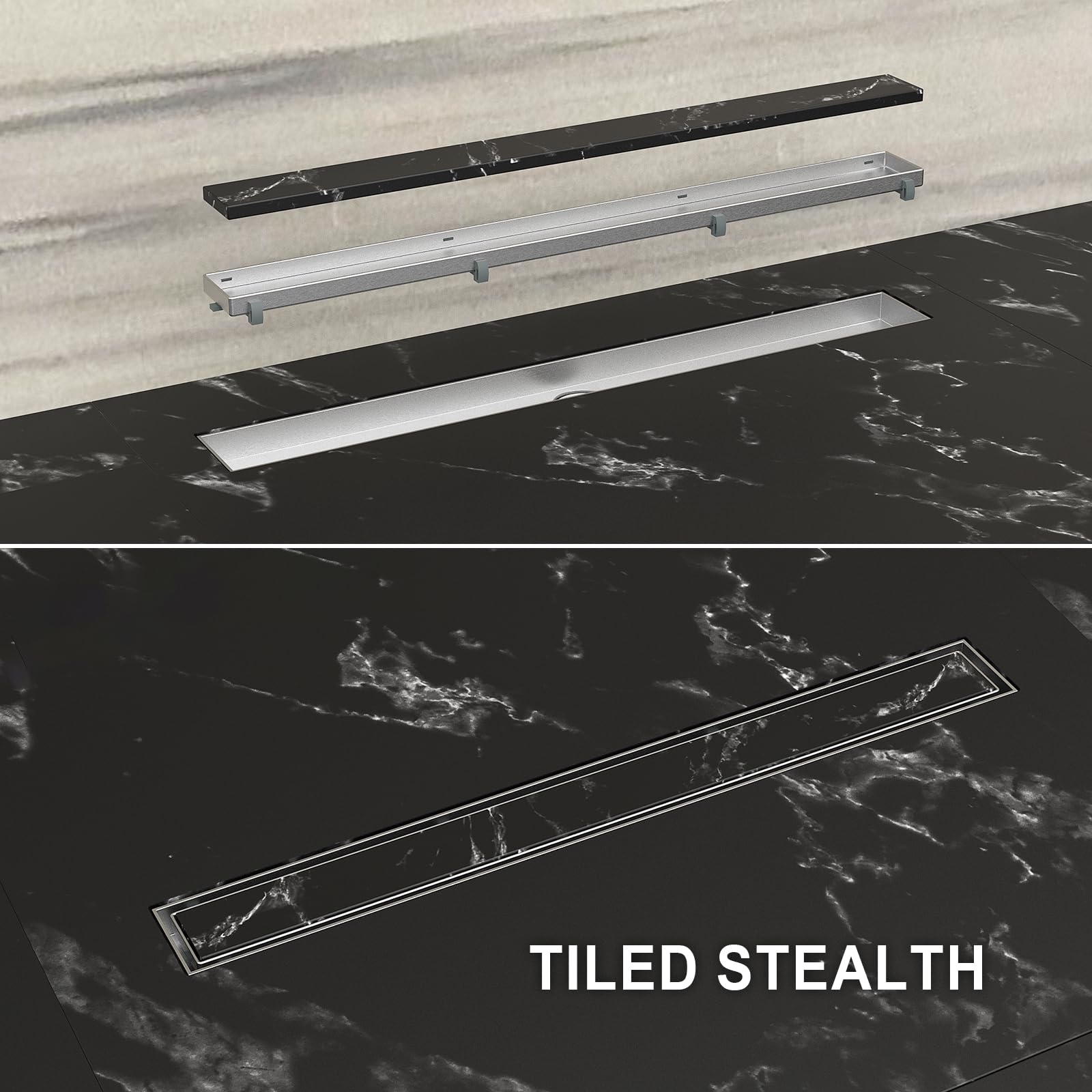Ibergrif M42001-60 Linear Shower Drain 600mm, 2 in1 Double-sided Tile Insert Stainless Steel Invisible Bathroom Floor Drain Set with Odor Stop and