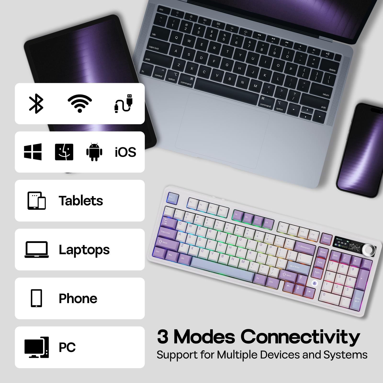 MechLands AK980 98% Mechanical Keyboard, BT5.0/USB-C/2.4GHz Wireless Gaming Keyboard, Hot Swappable Creamy Custom Keyboard with 1.14" TFT Screen, Knob, RGB for Win/Mac (White, Gift V2 Switch)