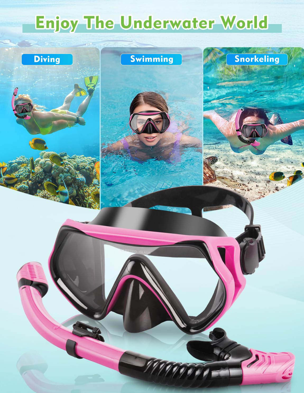 Hydomi Snorkel Set Adults 180° Panoramic Anti-Fog Snorkel Mask with Dry Top Valve, Leak-Proof Tempered Glass Diving Set for Swimming Snorkeling, Travel-Friendly Kit with Adjustable Straps