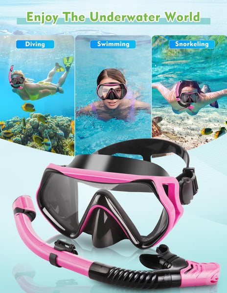 Hydomi Snorkel Set Adults 180° Panoramic Anti-Fog Snorkel Mask with Dry Top Valve, Leak-Proof Tempered Glass Diving Set for Swimming Snorkeling, Travel-Friendly Kit with Adjustable Straps