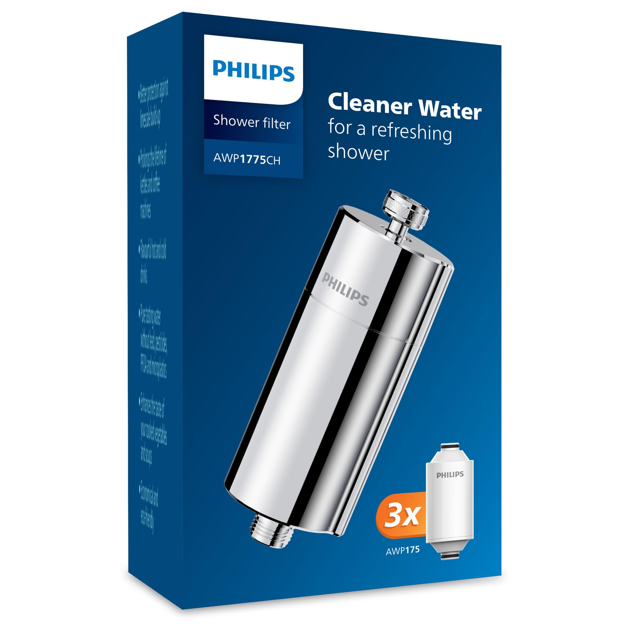 Philips Water in-Line Shower Filter and 1 Replacement Cartridge, 50 000 L Filtration Capacity, White, Reduces Chlorine by up to 99%, Easy to Install, fits All Standard Hoses and taps