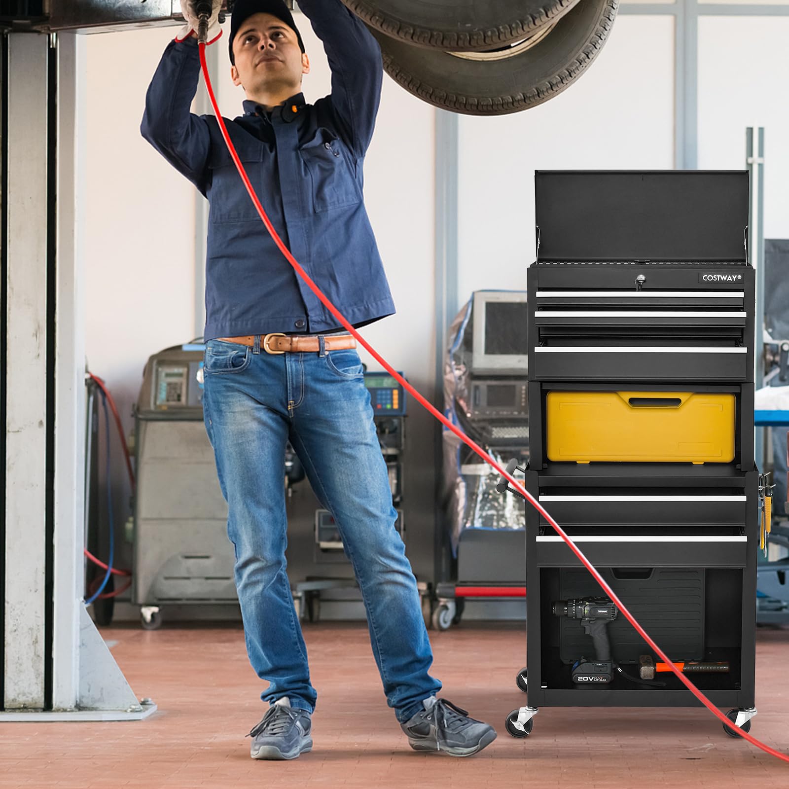 COSTWAY Large Rolling Tool Cabinet, 2-in-1 Detachable Metal Tool Chest with Drawers, Wheel, Handle, Hooks & Pegboard, Lockable Tool Box Trolley for Garage Workshop (with Middle Compartment, Black)