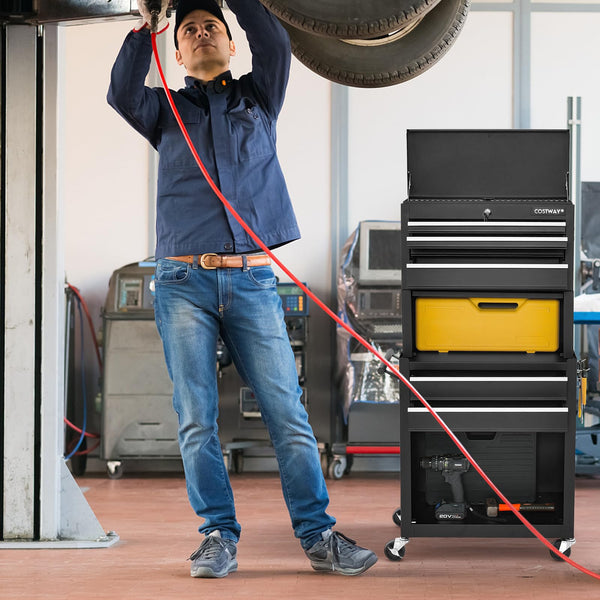 COSTWAY Large Rolling Tool Cabinet, 2-in-1 Detachable Metal Tool Chest with Drawers, Wheel, Handle, Hooks & Pegboard, Lockable Tool Box Trolley for Garage Workshop (with Middle Compartment, Black)