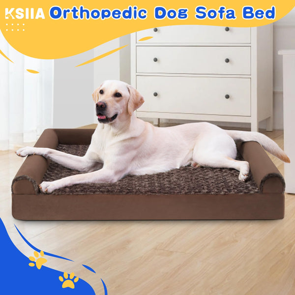 KSIIA Large Dog Bed, Orthopedic Dog Sofa Beds Couch with Removable Washable Cover, Waterproof Pet Sofa with U-Shape Bolster, Grey 88.9x55.88x16cm