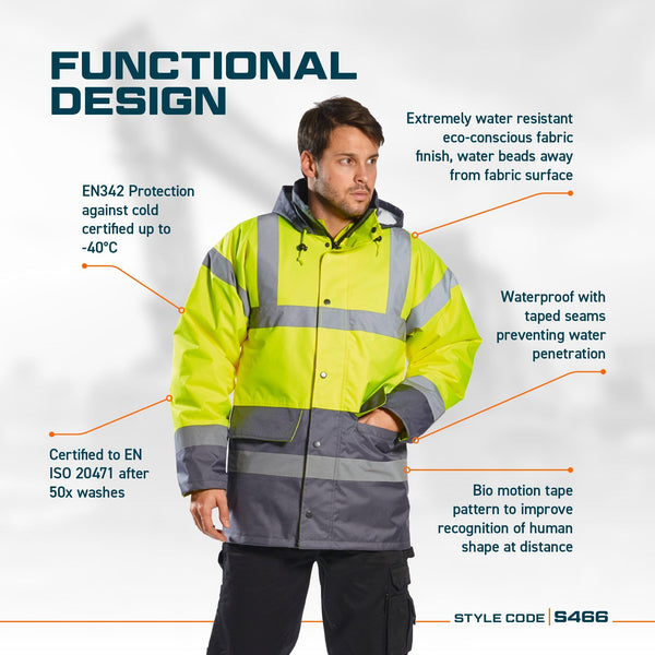 Portwest S466 Men's Waterproof Hi Vis Traffic Jacket - Reflective Safety Coat