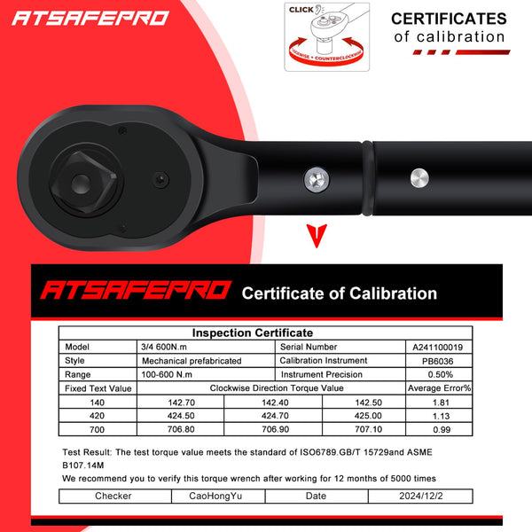 ATsafepro Torque Wrench 3/4 Inch, 100-600 Nm Torque Wrenchs, ±3% Error Accuracy with 48 Teeth Dual-Direction Adjustable for Repair of Car, Truck, Tractor