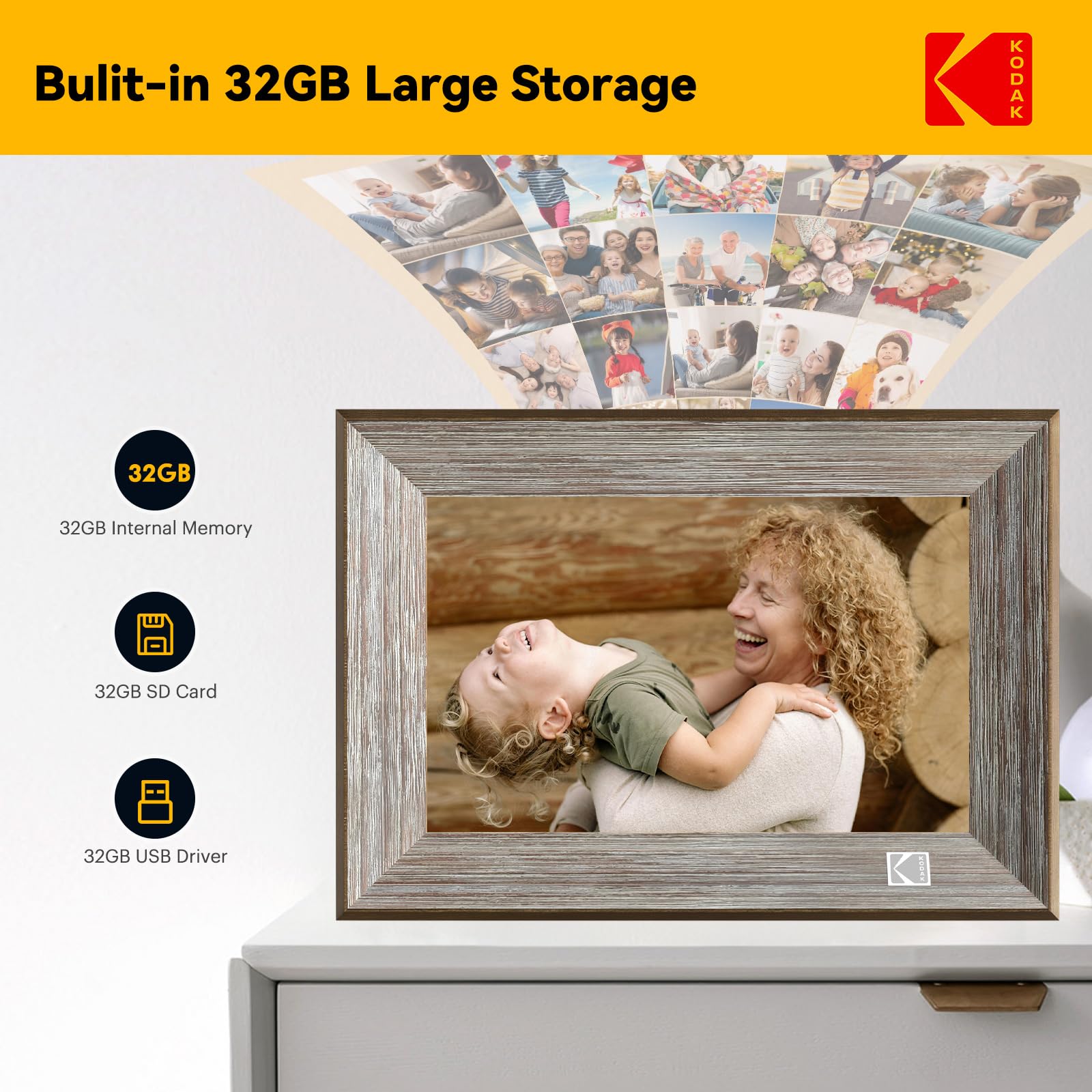 KODAK Digital Photo Frame WiFi Digital Picture Frame 10.1 Inches, FHD 1920*1200 IPS Touchscreen, Wooden Smart Electronic Frame with 32GB Memory, Easy to Share Photo, Video via APP with Your Loved Ones