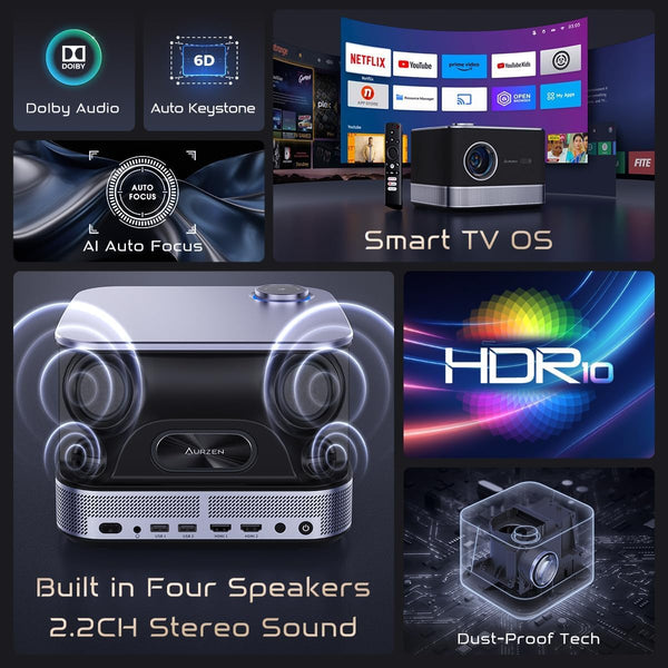 NetfIix Officially & DoIby Audio,AURZEN 4K Supported Smart Projector with Auto Focus & Keystone, +100% Lumens, HDR 10 60Hz WiFi Bluetooth Outdoor Projector for Smartphone/USB/HDMI/USB
