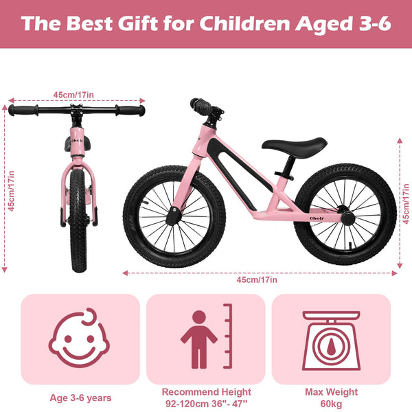 CHOLY 14 Inch Balance Bike for 3,4,5,6 Year Old Boys Girls, No Pedal Kids Bike with Adjustable Seat, Air Tires and Magnesium Alloy Frame, Lightweight Children's Traing Bicycle
