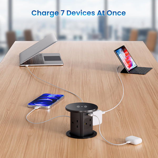Pop up Socket, Pop up Sockets for Kitchen Worktops Automatic Pop up Power Outlet with 15W Wireless Charger, 7 in 1 Pop up Outlet for Desk Countertops, 4 * AC Outlet, 1 * USB-A, 1 * USB C