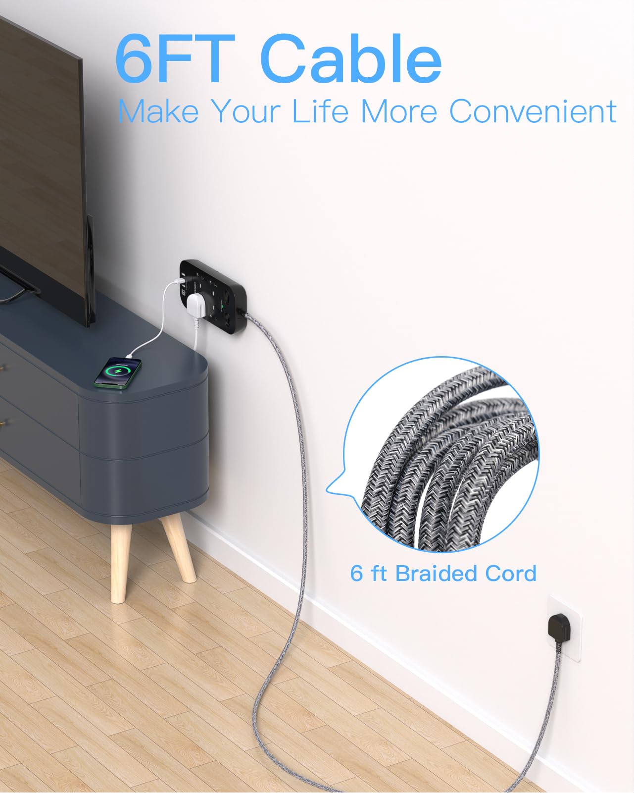 4 Way Surge Protected Extension Lead with USB Slots, HANYCONY Extension Cable with Double Switches, Plug Extension Socket 1.8M Braided Extension Cord for Home Office Accessories, Gray