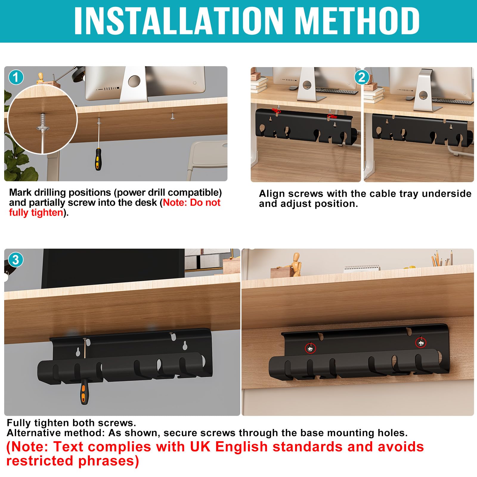 StowBin 2-Pack Under Desk Cable Management Tray, Cable Management Tray, Metal Mesh Cable Management Under Desk with Clamp Mount, Wire Management Tray, Black, Cord Organizer for Office/Home
