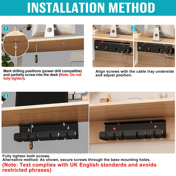 StowBin 2-Pack Under Desk Cable Management Tray, Cable Management Tray, Metal Mesh Cable Management Under Desk with Clamp Mount, Wire Management Tray, Black, Cord Organizer for Office/Home