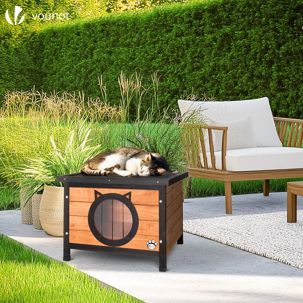 VOUNOT Cat House Outdoor with Kennel Door Privacy Window Cat Wooden Shelter 57x45x43cm, Grey