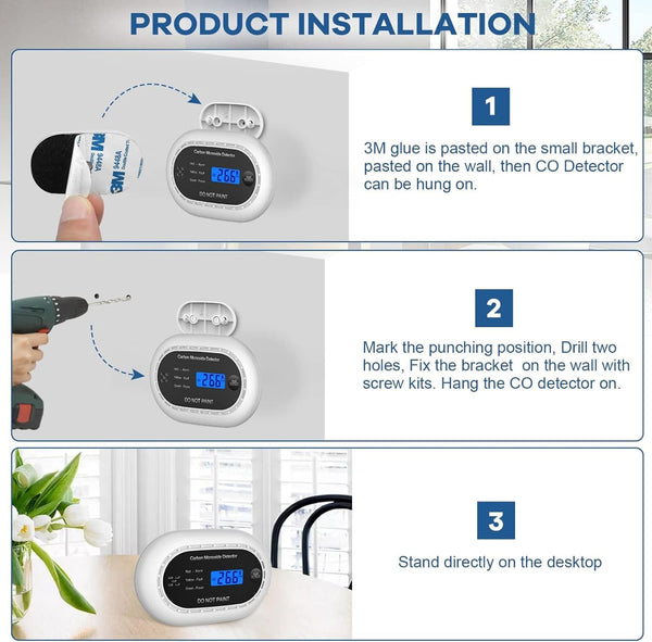 Carbon Monoxide Detector with LCD Digital Display, CE Certified CO Alarm with Sealed in 10 Year Battery, Standalone Audible CO Detector for Home,Black,1 Pack