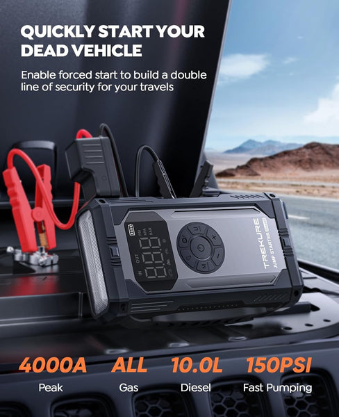 TREKURE 4000A Jump Starter Power Pack with 150PSI Air Compressor, 12V Portable Car Battery Booster Jump Starter for all Gas 10L Diesel Car Jump Starter Power Bank with Jump leads / Emergency Light