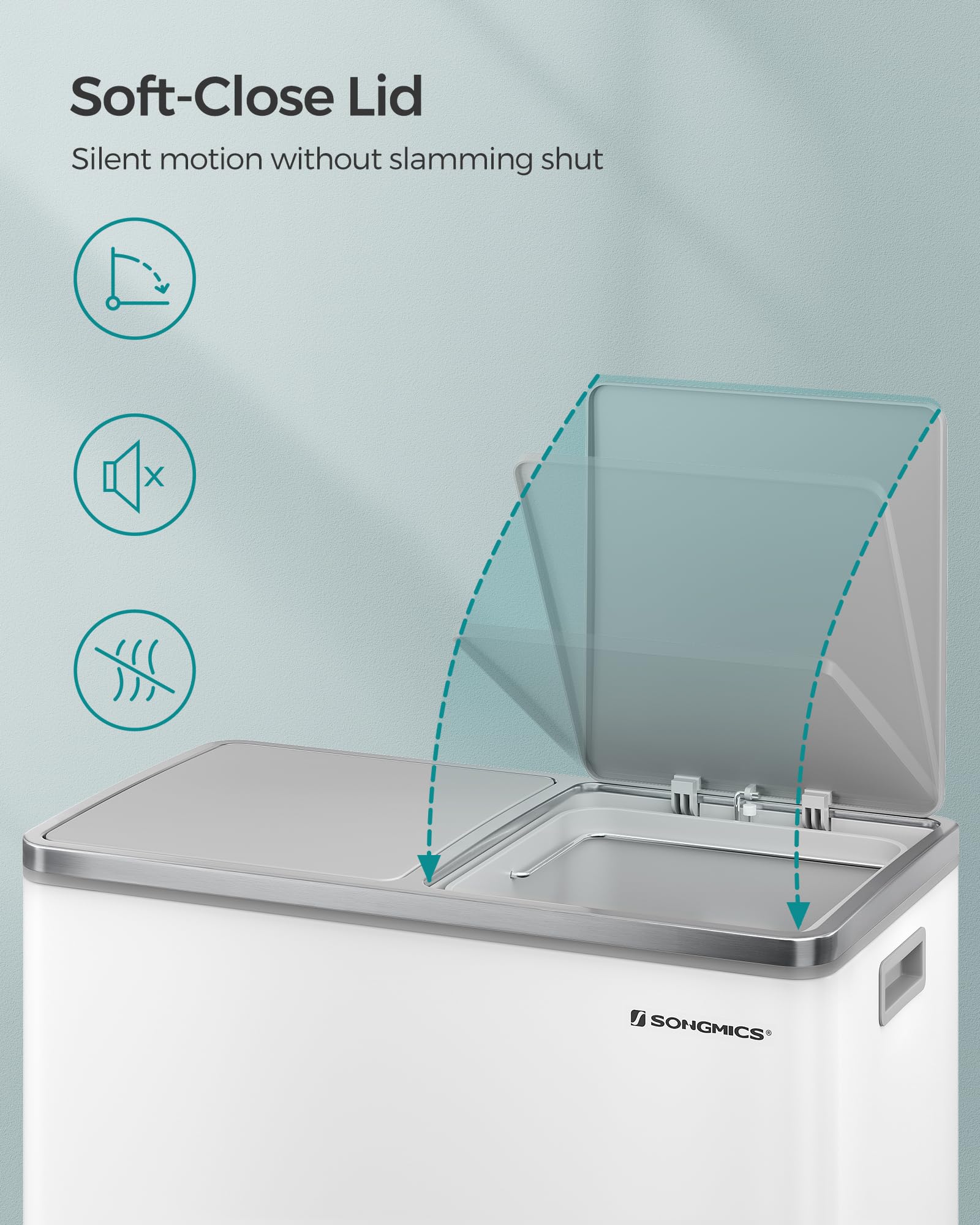 SONGMICS Dual Rubbish Bin, 2 x 30 L Recycling Bin with 15 Rubbish Bags, 2-Compartment Metal Pedal Bin with Lids and Plastic Inner Buckets, Soft Closure, Slate Grey LTB060G01
